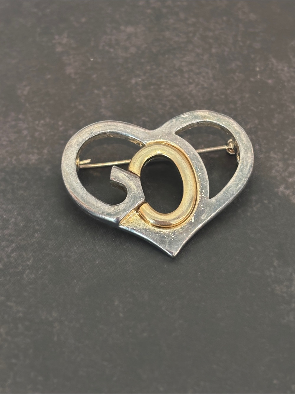 Vintage SJ Sarah Jones Silver & Gold Tone GOD Cutout Heart Brooch Pin